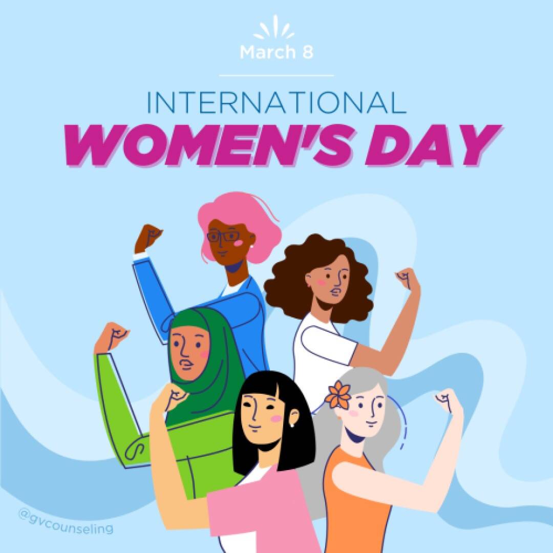 Illustration of diverse women showing strength poses for International Women's Day, March 8. Background is light blue with wavy patterns.
